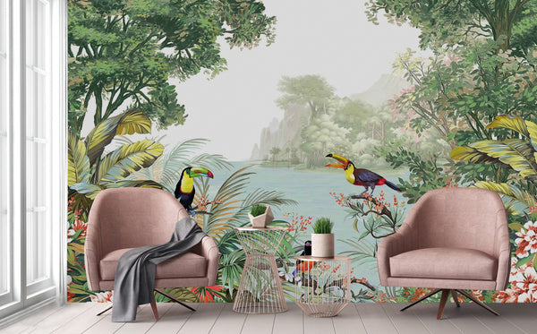 Tropical Wall Mural Art, Birds Forest Nature Theme Wallpaper, Interior Design Wall Covering, Non-Woven, Non-Pasted, Removable, Washable - Adawall -Houston Wallpaper Store - Walcoverings, Curtains & Wall Panels
