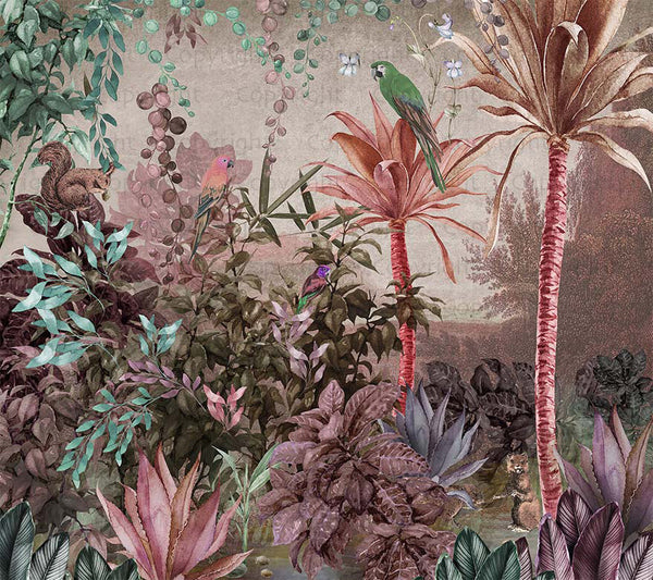 Tropical Wall Mural, Nature Palm Tree Green Parrot Wallpaper, Jungle Forest Theme, Non-Woven, Non-Adhesive, Removable, Exotic Wall Print Art, Interior Decor - Adawall -Houston Wallpaper Store - Walcoverings, Curtains & Wall Panels