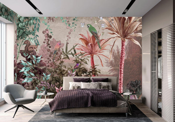 Tropical Wall Mural, Nature Palm Tree Green Parrot Wallpaper, Jungle Forest Theme, Non-Woven, Non-Adhesive, Removable, Exotic Wall Print Art, Interior Decor - Adawall -Houston Wallpaper Store - Walcoverings, Curtains & Wall Panels