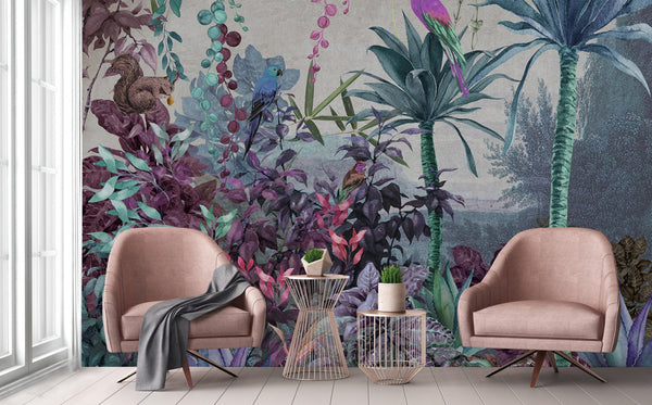 Tropical Wall Mural, Nature Palm Tree Purple Parrot Wallpaper, Jungle Forest Theme, Non-Woven, Non-Adhesive, Removable, Exotic Wall Print Art, Interior Decor - Adawall -Houston Wallpaper Store - Walcoverings, Curtains & Wall Panels