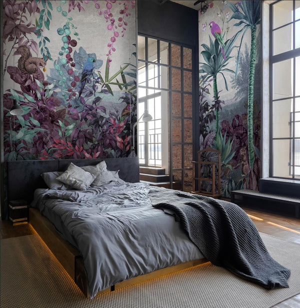 Tropical Wall Mural, Nature Palm Tree Purple Parrot Wallpaper, Jungle Forest Theme, Non-Woven, Non-Adhesive, Removable, Exotic Wall Print Art, Interior Decor - Adawall -Houston Wallpaper Store - Walcoverings, Curtains & Wall Panels