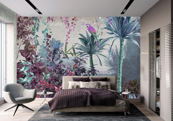 Tropical Wall Mural, Nature Palm Tree Purple Parrot Wallpaper, Jungle Forest Theme, Non-Woven, Non-Adhesive, Removable, Exotic Wall Print Art, Interior Decor - Adawall -Houston Wallpaper Store - Walcoverings, Curtains & Wall Panels