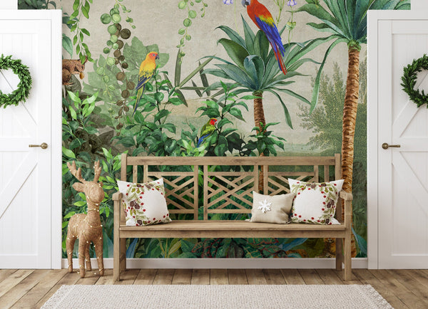 Tropical Wall Mural, Nature Palm Tree Red Parrot Wallpaper, Jungle Forest Theme, Non-Woven, Non-Adhesive, Removable, Exotic Wall Print Art, Interior Decor - Adawall -Houston Wallpaper Store - Walcoverings, Curtains & Wall Panels