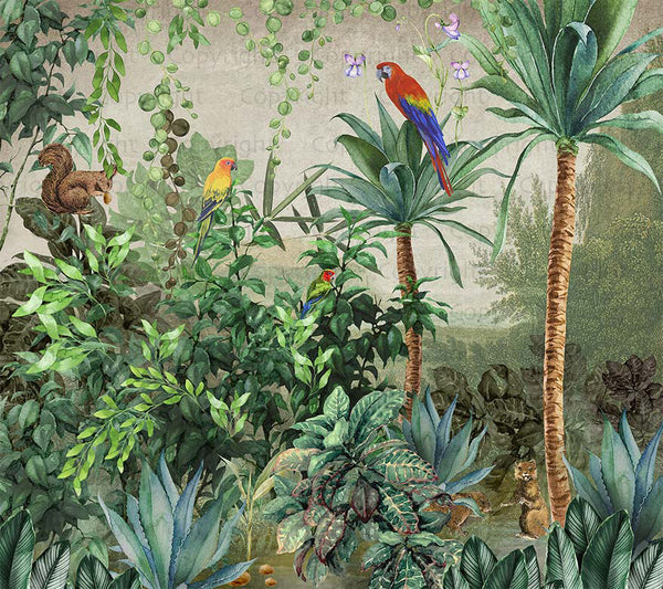 Tropical Wall Mural, Nature Palm Tree Red Parrot Wallpaper, Jungle Forest Theme, Non-Woven, Non-Adhesive, Removable, Exotic Wall Print Art, Interior Decor - Adawall -Houston Wallpaper Store - Walcoverings, Curtains & Wall Panels