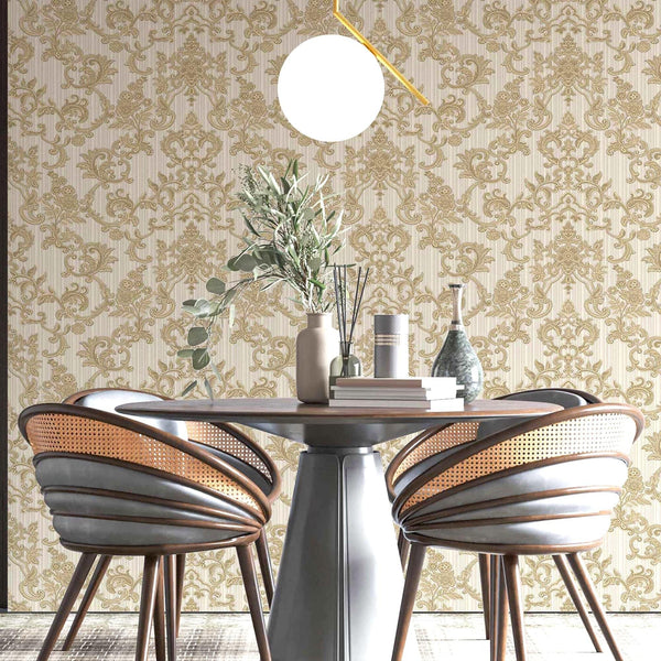 Victorian Damask Striped Wallpaper, Gold, White Rich Textured Embossed Wall Paper, Extra Wide 114 sq ft Roll, Wall Decor, Sturdy, Washable - Adawall -Houston Wallpaper Store - Walcoverings, Curtains & Wall Panels