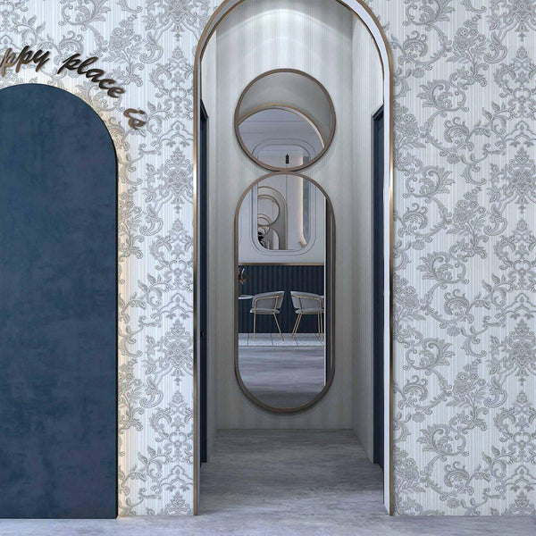 Victorian Damask Striped Wallpaper, Silver, White Rich Textured Embossed Wall Paper, Extra Wide 114 sq ft Roll, Wall Covering, Washable - Adawall -Houston Wallpaper Store - Walcoverings, Curtains & Wall Panels