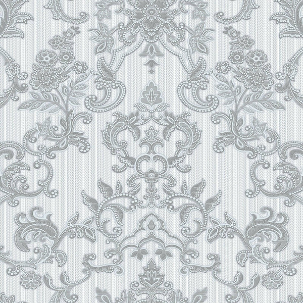 Victorian Damask Striped Wallpaper, Silver, White Rich Textured Embossed Wall Paper, Extra Wide 114 sq ft Roll, Wall Covering, Washable - Adawall -Houston Wallpaper Store - Walcoverings, Curtains & Wall Panels