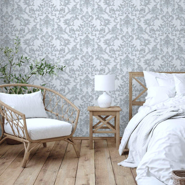 Victorian Damask Striped Wallpaper, Silver, White Rich Textured Embossed Wall Paper, Extra Wide 114 sq ft Roll, Wall Covering, Washable - Adawall -Houston Wallpaper Store - Walcoverings, Curtains & Wall Panels