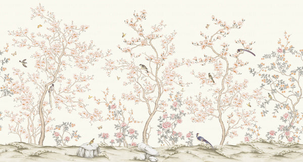 White Chinoiserie Floral Wall Mural, Birds Tree Flowers Wallpaper, Custom Size Wall Covering, Non-Woven, Non-Adhesive, Removable, Washable - Adawall -Houston Wallpaper Store - Walcoverings, Curtains & Wall Panels