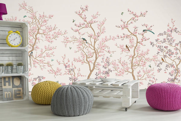 White Chinoiserie Floral Wall Mural, Birds Tree Flowers Wallpaper, Custom Size Wall Covering, Non-Woven, Non-Adhesive, Removable, Washable - Adawall -Houston Wallpaper Store - Walcoverings, Curtains & Wall Panels