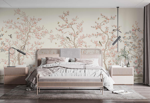 White Chinoiserie Floral Wall Mural, Birds Tree Flowers Wallpaper, Custom Size Wall Covering, Non-Woven, Non-Adhesive, Removable, Washable - Adawall -Houston Wallpaper Store - Walcoverings, Curtains & Wall Panels