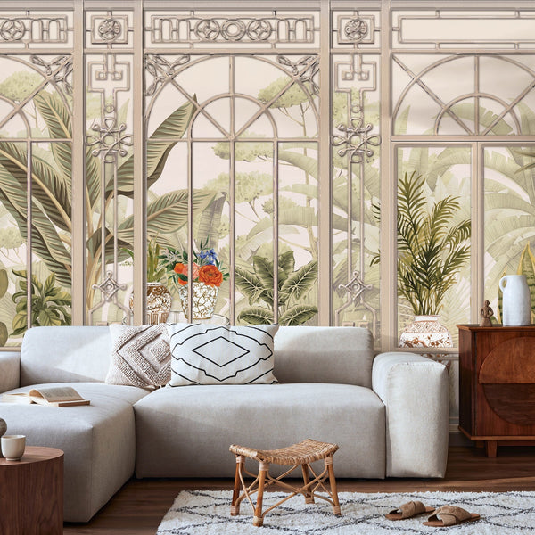 Windows Trees Wallpaper, Light Beige Nature Scenic View Wall Mural, Tropical, Custom Size Wall Art, Non-Woven, Non-Adhesive, Removable, Durable, Large - Adawall -Houston Wallpaper Store - Walcoverings, Curtains & Wall Panels