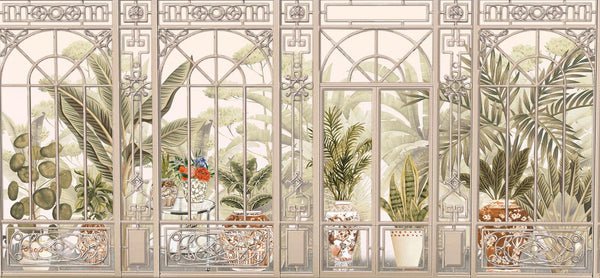 Windows Trees Wallpaper, Light Beige Nature Scenic View Wall Mural, Tropical, Custom Size Wall Art, Non-Woven, Non-Adhesive, Removable, Durable, Large - Adawall -Houston Wallpaper Store - Walcoverings, Curtains & Wall Panels