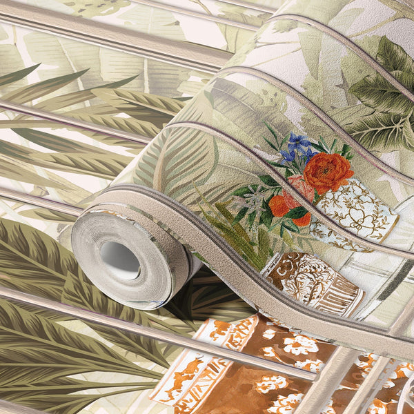 Windows Trees Wallpaper, Light Beige Nature Scenic View Wall Mural, Tropical, Custom Size Wall Art, Non-Woven, Non-Adhesive, Removable, Durable, Large - Adawall -Houston Wallpaper Store - Walcoverings, Curtains & Wall Panels