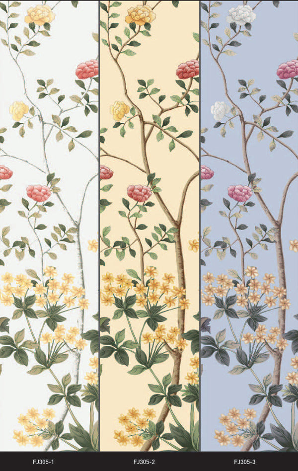 Yellow Botanical Wall Mural, Butterfly Flowers Chinoiserie Wallpaper, Nature Theme Custom Size Wall Covering, Non-Woven, Non-Pasted, Removable, Washable - Adawall -Houston Wallpaper Store - Walcoverings, Curtains & Wall Panels
