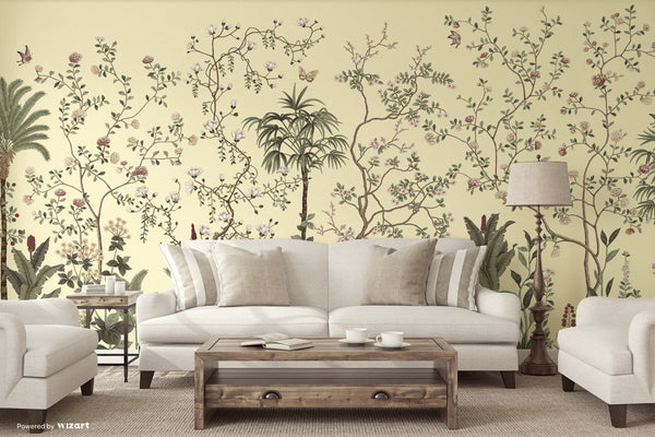 Yellow Botanical Wall Mural, Butterfly Flowers Chinoiserie Wallpaper, Nature Theme Custom Size Wall Covering, Non-Woven, Non-Pasted, Removable, Washable - Adawall -Houston Wallpaper Store - Walcoverings, Curtains & Wall Panels