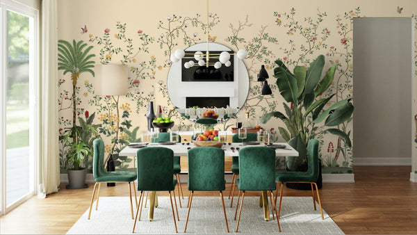 Yellow Botanical Wall Mural, Butterfly Flowers Chinoiserie Wallpaper, Nature Theme Custom Size Wall Covering, Non-Woven, Non-Pasted, Removable, Washable - Adawall -Houston Wallpaper Store - Walcoverings, Curtains & Wall Panels
