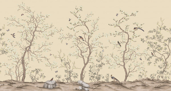 Yellow Chinoiserie Floral Wall Mural, Birds Tree Flowers Wallpaper, Custom Size Wall Covering, Non-Woven, Non-Adhesive, Removable, Washable - Adawall -Houston Wallpaper Store - Walcoverings, Curtains & Wall Panels