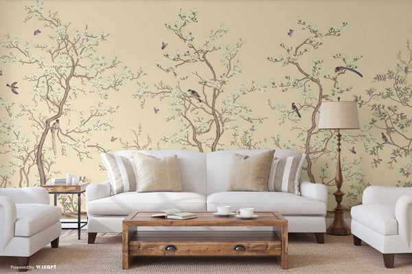 Yellow Chinoiserie Floral Wall Mural, Birds Tree Flowers Wallpaper, Custom Size Wall Covering, Non-Woven, Non-Adhesive, Removable, Washable - Adawall -Houston Wallpaper Store - Walcoverings, Curtains & Wall Panels
