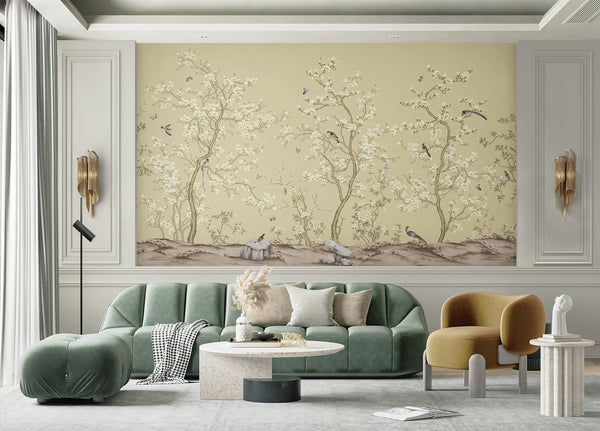 Yellow Chinoiserie Floral Wall Mural, Birds Tree Flowers Wallpaper, Custom Size Wall Covering, Non-Woven, Non-Adhesive, Removable, Washable - Adawall -Houston Wallpaper Store - Walcoverings, Curtains & Wall Panels