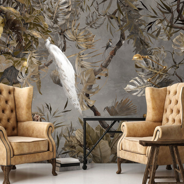 Yellow Elegant Chinoiserie Peacock Wall Mural Floral Leaves Wallpaper, Custom Wall Mural, Non-Adhesive, Washable, Extra Large, Removable, Home Decor Wall Art - Adawall -Houston Wallpaper Store - Walcoverings, Curtains & Wall Panels