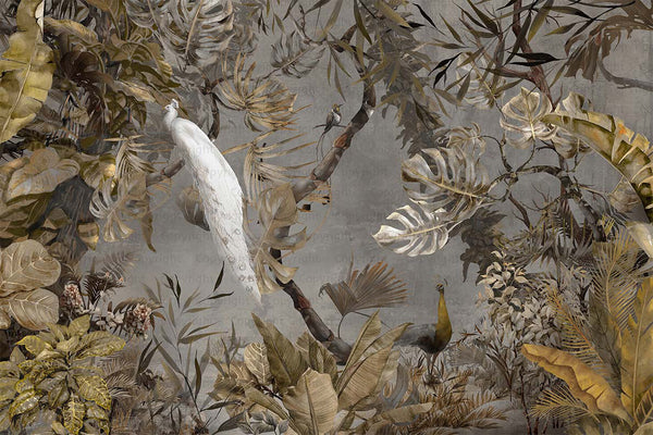 Yellow Elegant Chinoiserie Peacock Wall Mural Floral Leaves Wallpaper, Custom Wall Mural, Non-Adhesive, Washable, Extra Large, Removable, Home Decor Wall Art - Adawall -Houston Wallpaper Store - Walcoverings, Curtains & Wall Panels