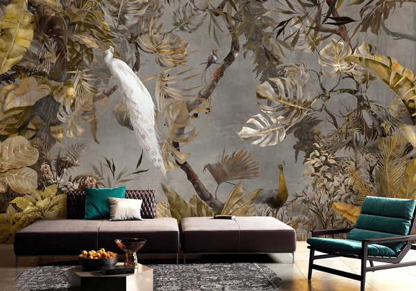 Yellow Elegant Chinoiserie Peacock Wall Mural Floral Leaves Wallpaper, Custom Wall Mural, Non-Adhesive, Washable, Extra Large, Removable, Home Decor Wall Art - Adawall -Houston Wallpaper Store - Walcoverings, Curtains & Wall Panels