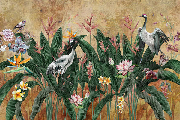 Yellow Jungle Birds Wallpaper, Nature Forest Tropical Theme Wall Mural, Extra Large Customizable, Non-Adhesive, Removable Wall Paper, Leaves Flower - Adawall -Houston Wallpaper Store - Walcoverings, Curtains & Wall Panels