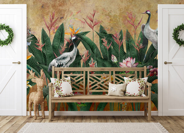 Yellow Jungle Birds Wallpaper, Nature Forest Tropical Theme Wall Mural, Extra Large Customizable, Non-Adhesive, Removable Wall Paper, Leaves Flower - Adawall -Houston Wallpaper Store - Walcoverings, Curtains & Wall Panels