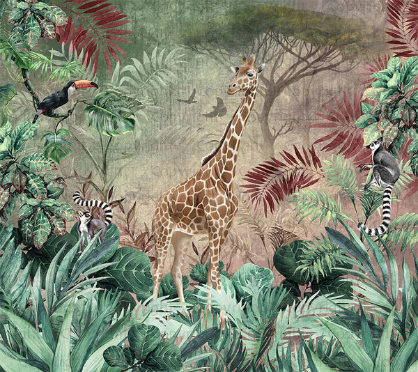 Yellow Tropical Forest Theme Wallpaper, Animals Wall Mural, Giraffe, Birds, Leaves, Jungle, Non-Pasted, Large Wall Art, Removable, Nature Theme - Adawall -Houston Wallpaper Store - Walcoverings, Curtains & Wall Panels