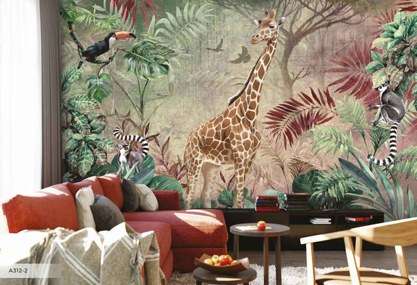 Yellow Tropical Forest Theme Wallpaper, Animals Wall Mural, Giraffe, Birds, Leaves, Jungle, Non-Pasted, Large Wall Art, Removable, Nature Theme - Adawall -Houston Wallpaper Store - Walcoverings, Curtains & Wall Panels