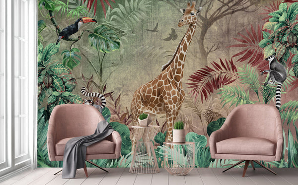 Yellow Tropical Forest Theme Wallpaper, Animals Wall Mural, Giraffe, Birds, Leaves, Jungle, Non-Pasted, Large Wall Art, Removable, Nature Theme - Adawall -Houston Wallpaper Store - Walcoverings, Curtains & Wall Panels