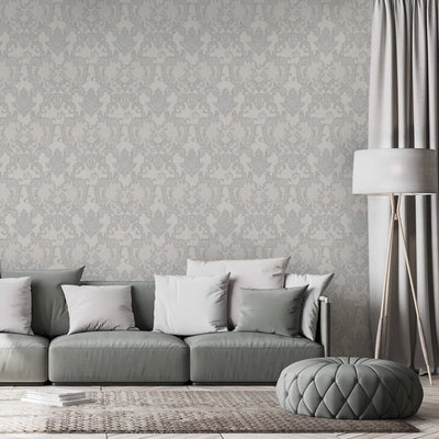Damask Flocked Velvet Feel Wallpaper, White, Light Gray Deep 3D Embossed Quilted Texture Luxury Wallcovering, Non-Woven - Adawall -Houston Wallpaper Store - Walcoverings, Curtains & Wall Panels