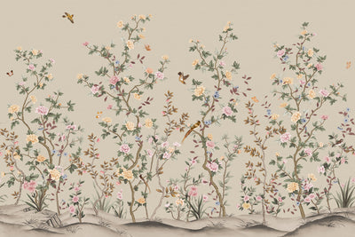 Chinoiserie Floral Blossoms Wall Mural, Green Botanical Tree Flowers Wallpaper, Custom Size Wall Covering, Non-Woven, Non-Adhesive, Removable, Washable - Adawall -Houston Wallpaper Store - Walcoverings, Curtains & Wall Panels
