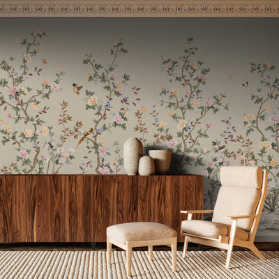 Chinoiserie Floral Blossoms Wall Mural, Green Botanical Tree Flowers Wallpaper, Custom Size Wall Covering, Non-Woven, Non-Adhesive, Removable, Washable - Adawall -Houston Wallpaper Store - Walcoverings, Curtains & Wall Panels