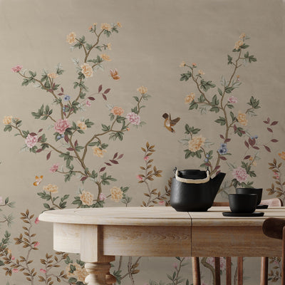 Chinoiserie Floral Blossoms Wall Mural, Green Botanical Tree Flowers Wallpaper, Custom Size Wall Covering, Non-Woven, Non-Adhesive, Removable, Washable - Adawall -Houston Wallpaper Store - Walcoverings, Curtains & Wall Panels
