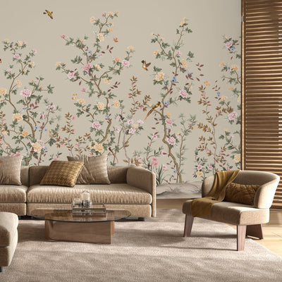 Chinoiserie Floral Blossoms Wall Mural, Green Botanical Tree Flowers Wallpaper, Custom Size Wall Covering, Non-Woven, Non-Adhesive, Removable, Washable - Adawall -Houston Wallpaper Store - Walcoverings, Curtains & Wall Panels