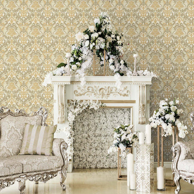 Beige, Gold Luxury 3D Damask Wallpaper, Premium Sparkling Velvet Feeling Flocked Wallcovering - Adawall -Houston Wallpaper Store - Walcoverings, Curtains & Wall Panels