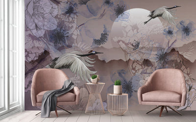Birds Scene Wall Mural, Botanical Tropical Wallpaper, Nature, Customized Wall Mural, Durable, Non-Woven Wall Paper, Non-Adhesive, Removable - Adawall -Houston Wallpaper Store - Walcoverings, Curtains & Wall Panels