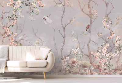 Birds Trees Nature Scene Wallpaper, Tropical Botanical Wall Mural, Gray Customized Wallpaper, Home Decor, Bedroom, Store, Forest Large Wall Art - Adawall -Houston Wallpaper Store - Walcoverings, Curtains & Wall Panels