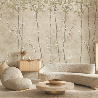 Bloom Flowers Wall Mural, Light Beige Floral Blossom Wallpaper, Oversized Nature Art Customized Wall Covering, Non-Woven, Non-Adhesive, Removable - Adawall -Houston Wallpaper Store - Walcoverings, Curtains & Wall Panels