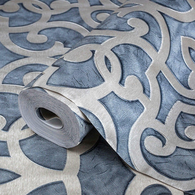 Blue Lace Trellis Wallpaper, Shiny Silver Gold Patterns Faded Colors Damask Design - Adawall -Houston Wallpaper Store - Walcoverings, Curtains & Wall Panels
