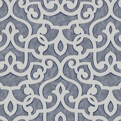 Blue Lace Trellis Wallpaper, Shiny Silver Gold Patterns Faded Colors Damask Design - Adawall -Houston Wallpaper Store - Walcoverings, Curtains & Wall Panels