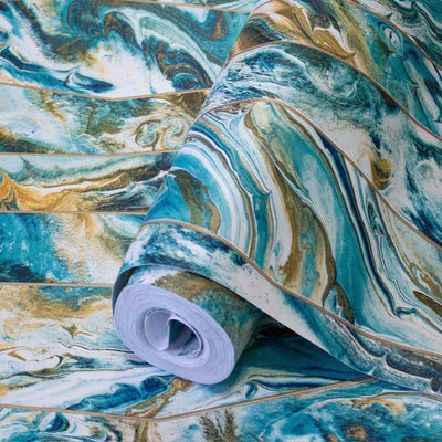 Blue Marble Embossed Wallpaper, Marbled Pattern Striped Stone Effect Modern Wallcovering, Washable - Adawall -Houston Wallpaper Store - Walcoverings, Curtains & Wall Panels