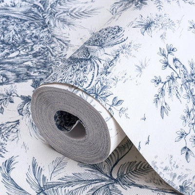 Blue Tropical Toile Textured Wallpaper, Stylish Plants Animals Jungle Forest Theme Wallcovering - Adawall -Houston Wallpaper Store - Walcoverings, Curtains & Wall Panels