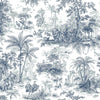 Blue Tropical Toile Textured Wallpaper, Stylish Plants Animals Jungle Forest Theme Wallcovering - Walloro High End Wallcoverings & More