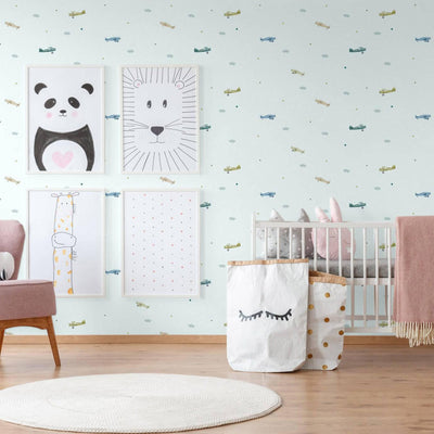 Blue Wallpaper with Planes, Sky, Stars and Clouds, Boys Bedroom Wall Paper, Nursery Wallpaper, 114 sq ft, Kids Room Wallpaper, Washable - Adawall -Houston Wallpaper Store - Walcoverings, Curtains & Wall Panels