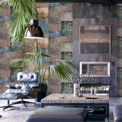 Blue, Yellow Metallic Industrial Textured Wallpaper, Rustic Aged Weathered Pattern Wallcovering - Adawall -Houston Wallpaper Store - Walcoverings, Curtains & Wall Panels