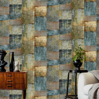 Blue, Yellow Metallic Industrial Textured Wallpaper, Rustic Aged Weathered Pattern Wallcovering - Adawall -Houston Wallpaper Store - Walcoverings, Curtains & Wall Panels