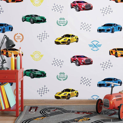 Boys Car Themed Textured Wallpaper, Boys Bedroom Wall Paper, Nursery Wallpaper, 114 sq ft, Cars Wall Decor, Kids Room Wallpaper, White - Adawall -Houston Wallpaper Store - Walcoverings, Curtains & Wall Panels